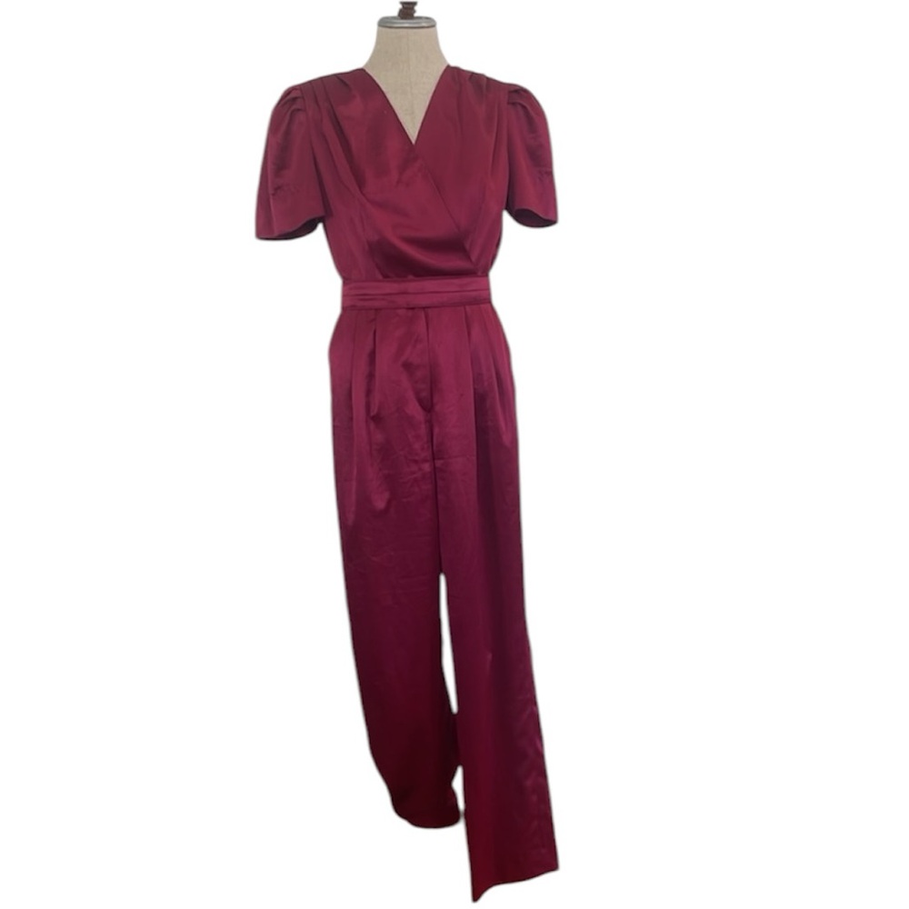 Custom-made silk jumpsuit burgundy short sleeve shoulder pads women size small S